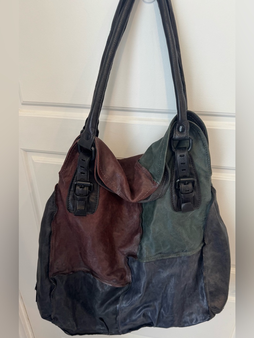 A.S.98 leather patchwork hobo bag tote purse adjustable distressed multi boho